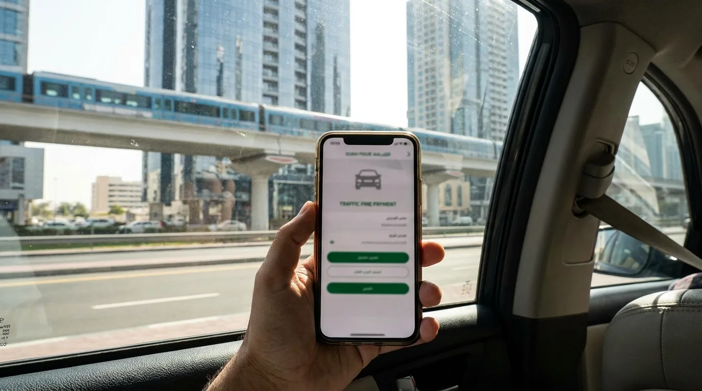 Dubai Police mobile app displaying traffic fine payment screen on smartphone in realistic UAE urban setting, no text, no women
