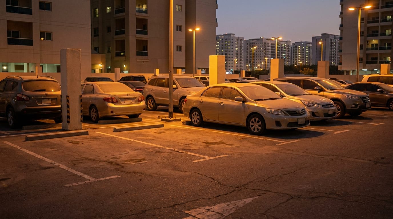 Apartment building parking area in Dubai residential community, evening light 