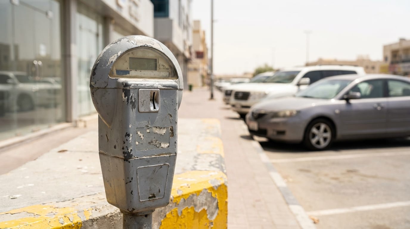 RTA parking meter in Dubai commercial area, expat driver using mParking app 