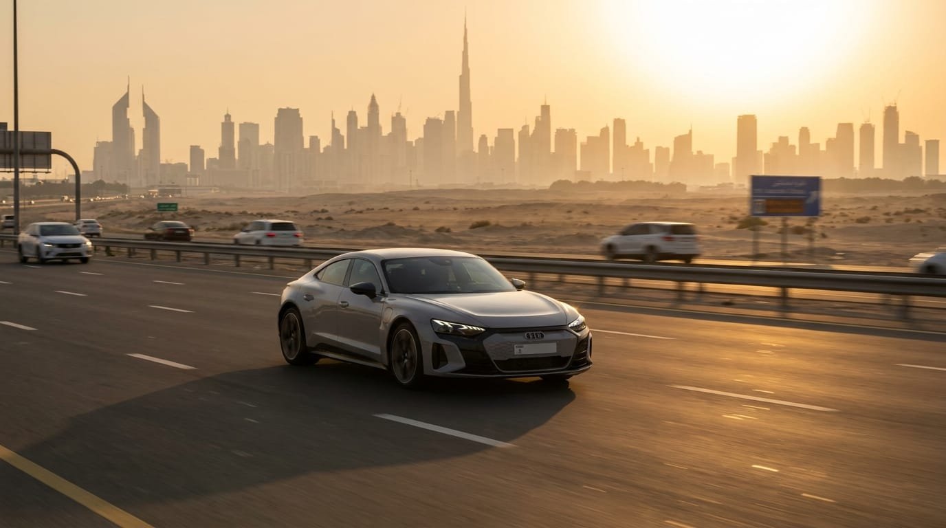 electric car driving Sheikh Zayed Road highway range test