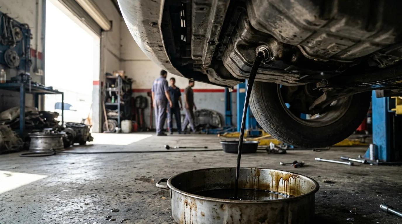Mechanic draining dark used engine oil from a sedan during an oil change service in Sharjah Industrial Area