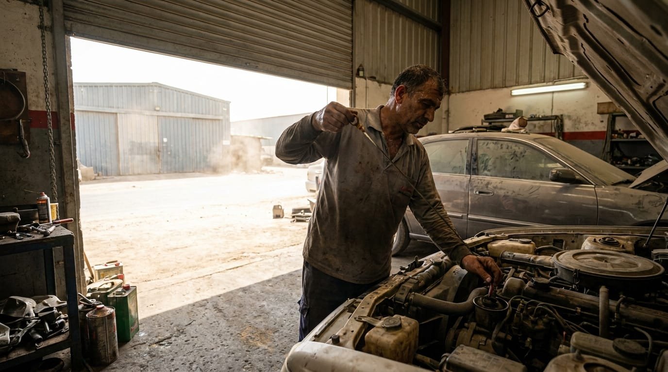 Mechanic inspecting engine bay of a sedan in an Al Quoz workshop during summer, low oil level visible on
