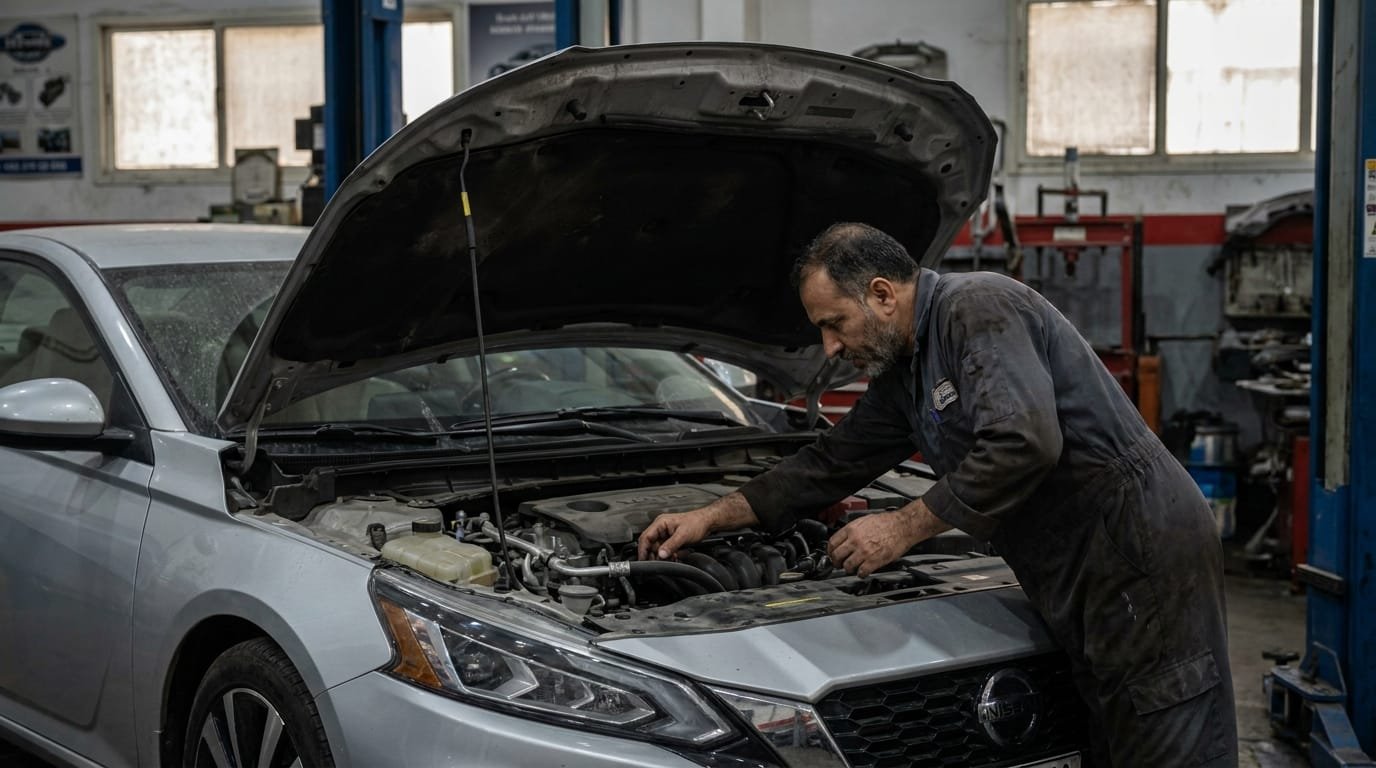Mechanic inspecting coolant system and radiator hoses in Al Quoz Dubai workshop