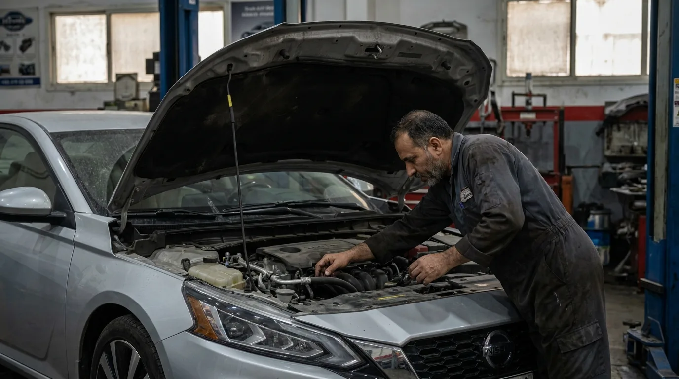 Mechanic inspecting coolant system and radiator hoses in Al Quoz Dubai workshop