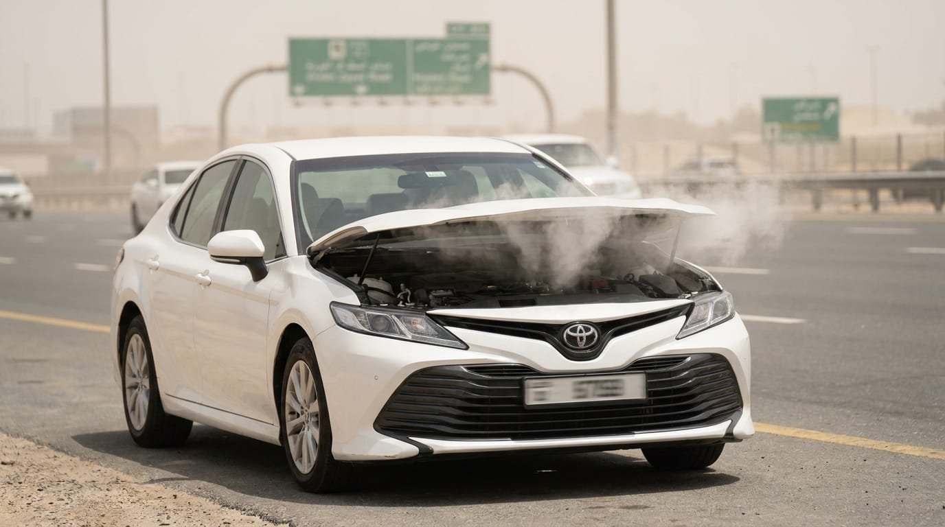 Close-up of car radiator fins and coolant hoses showing wear in UAE workshop