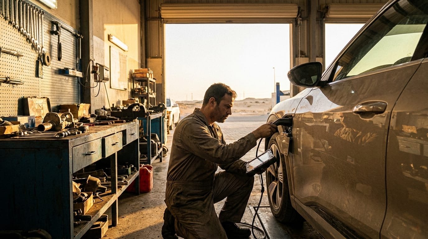mechanic checking electric car battery health workshop UAE