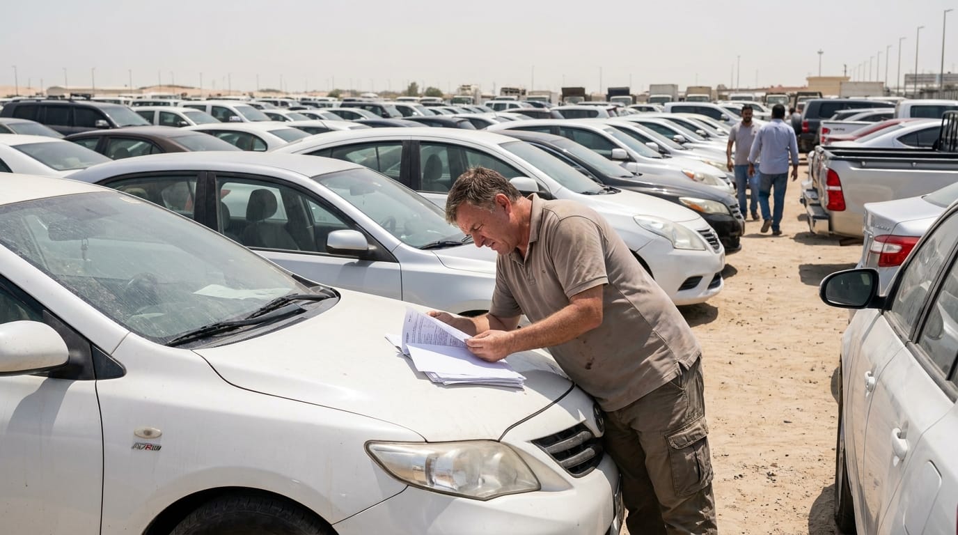 Expat reviewing car purchase paperwork at Al Aweer used car market Dubai