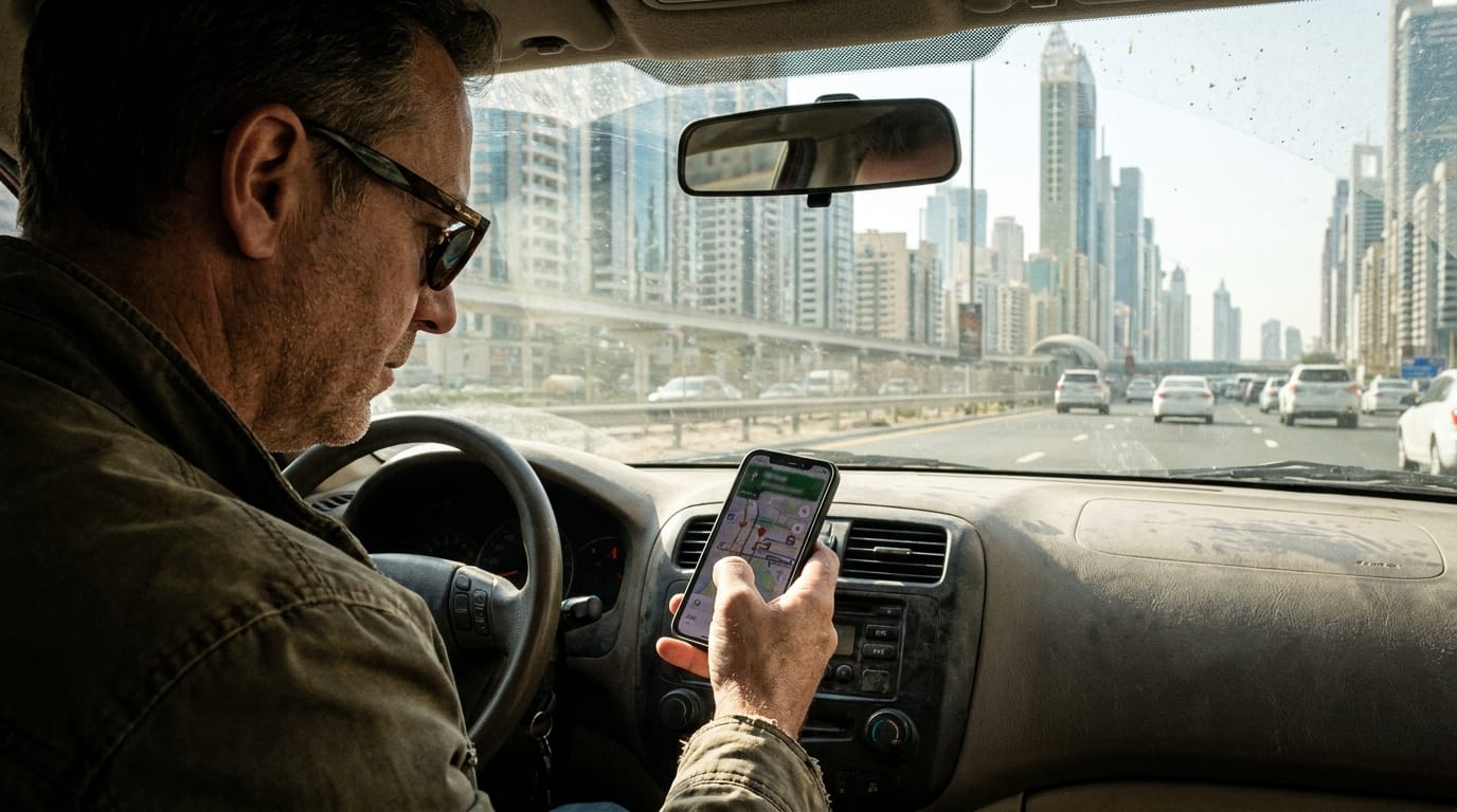 Expat driver checking RTA black points on Dubai Police mobile app in UAE