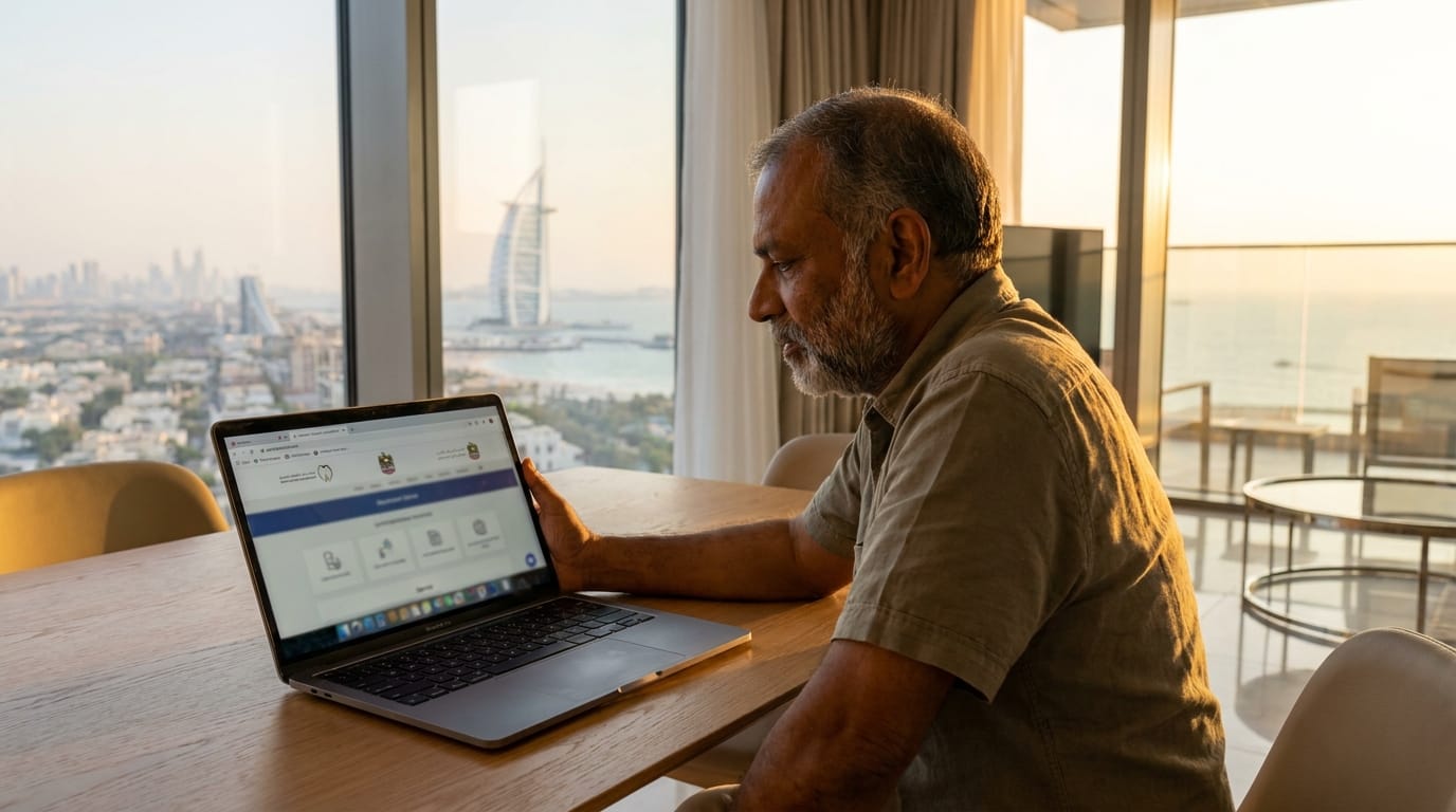 Expat checking UAE traffic fines on MOI government portal using laptop in Dubai apartment, realistic, no text, no women