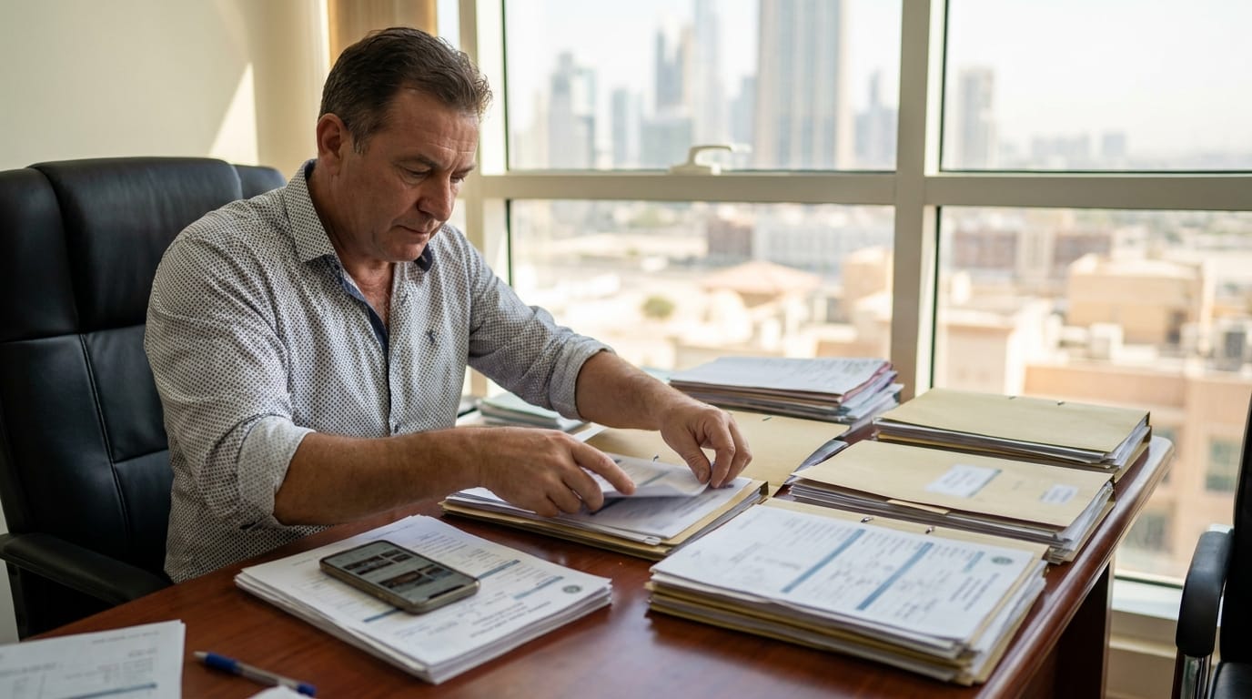 Expat organizing vehicle inspection reports, WhatsApp screenshots and payment receipts on a desk in Dubai for a civil claim