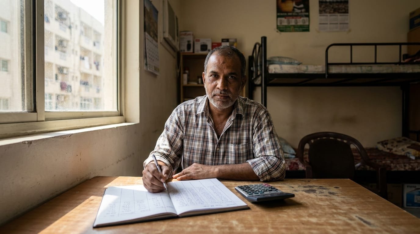 Expat worker reviewing monthly car expenses on notebook at Dubai apartment desk
