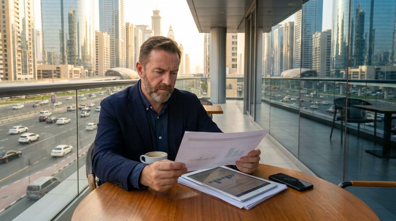 expat reviewing used car documents and inspection report in Dubai