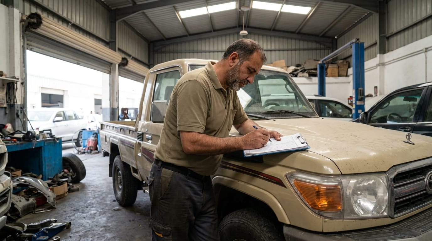 UAE business owner reviewing fleet insurance claim documents at a commercial garage in Sharjah Industrial Area