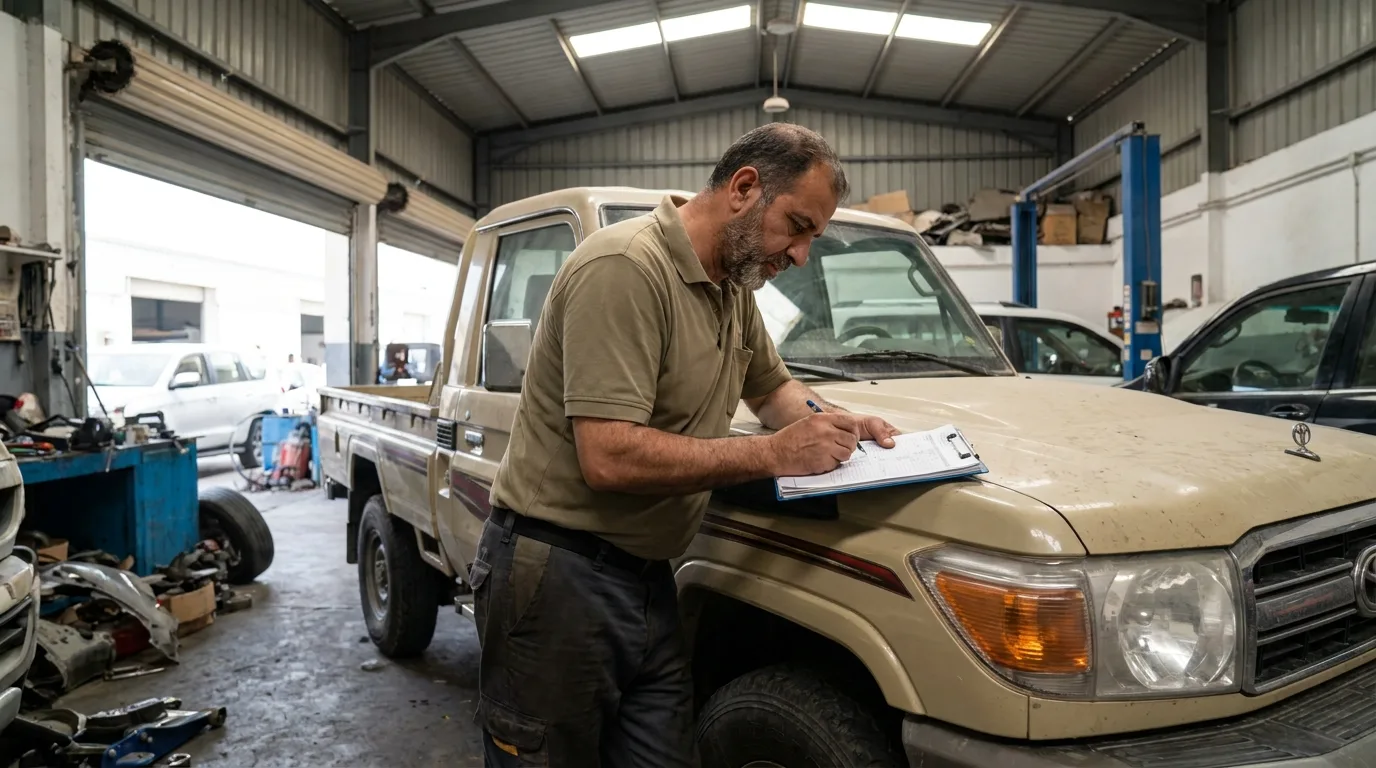 UAE business owner reviewing fleet insurance claim documents at a commercial garage in Sharjah Industrial Area