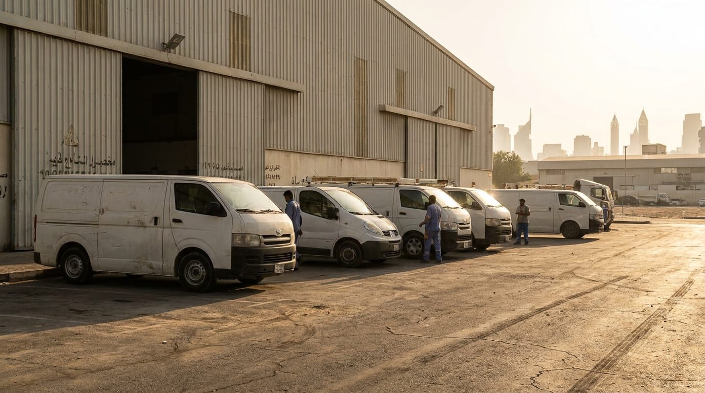 Small business fleet of commercial vans parked in Al Quoz Industrial Area Dubai awaiting insurance inspection
