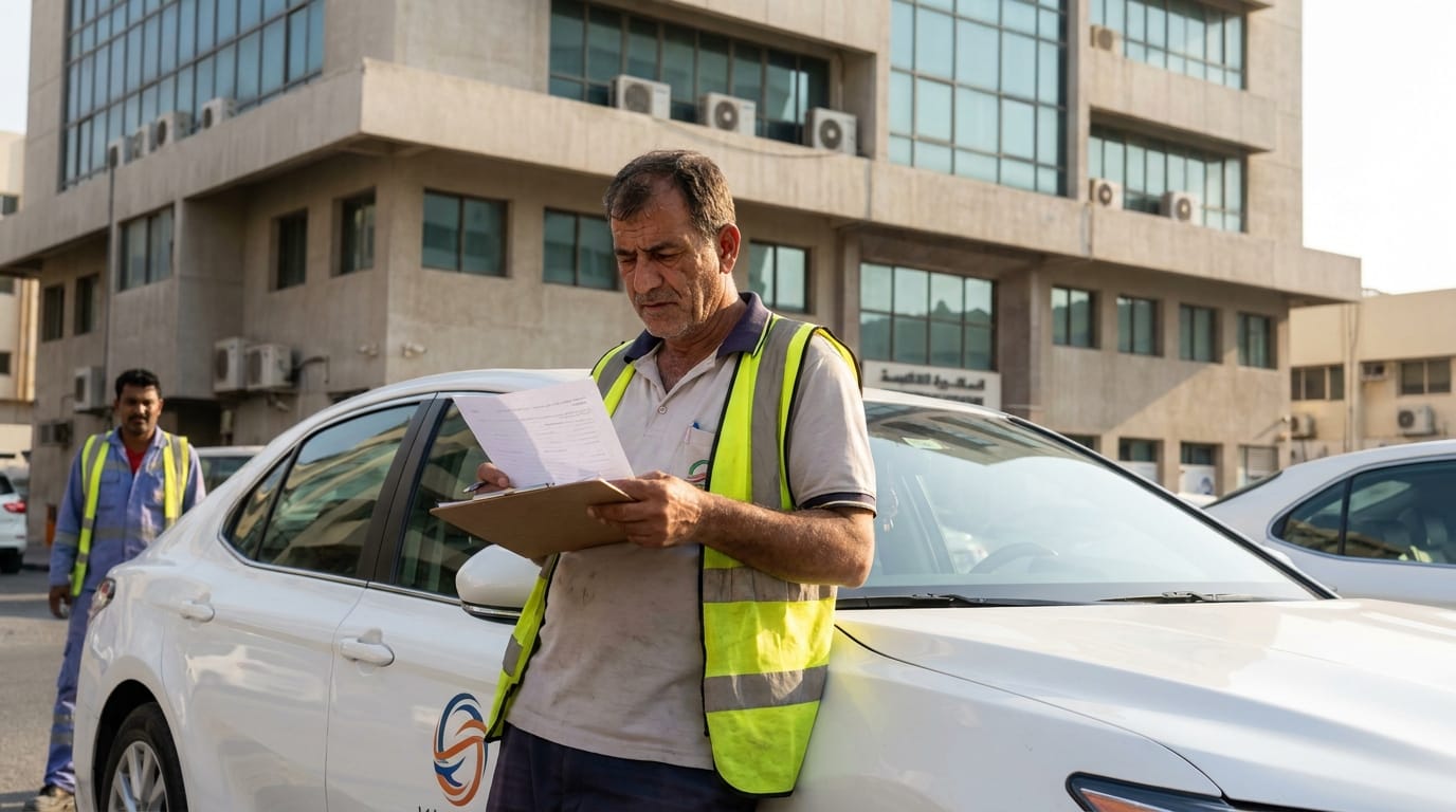 Fleet manager reviewing driver licence and vehicle documents outside a Deira Dubai commercial building