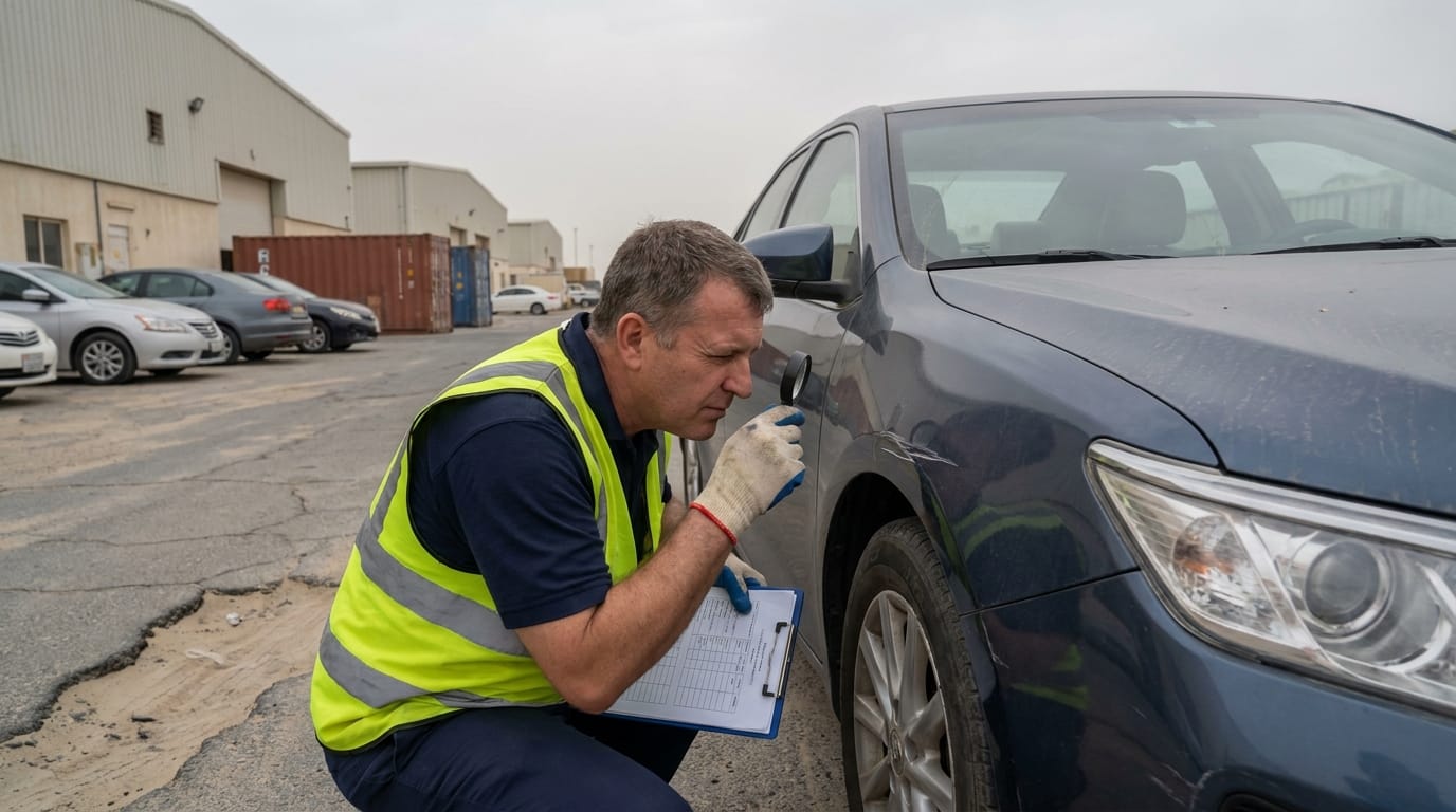 fleet inspector checking the exterior condition of a sedan in a Dubai industrial area