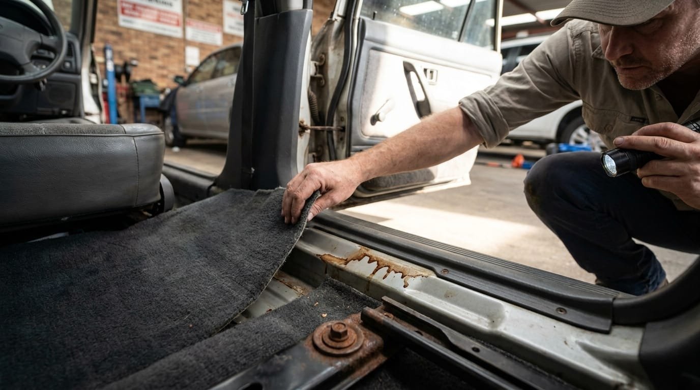 Expat buyer lifting floor mat in used car cabin to check for flood damage signs in Dubai