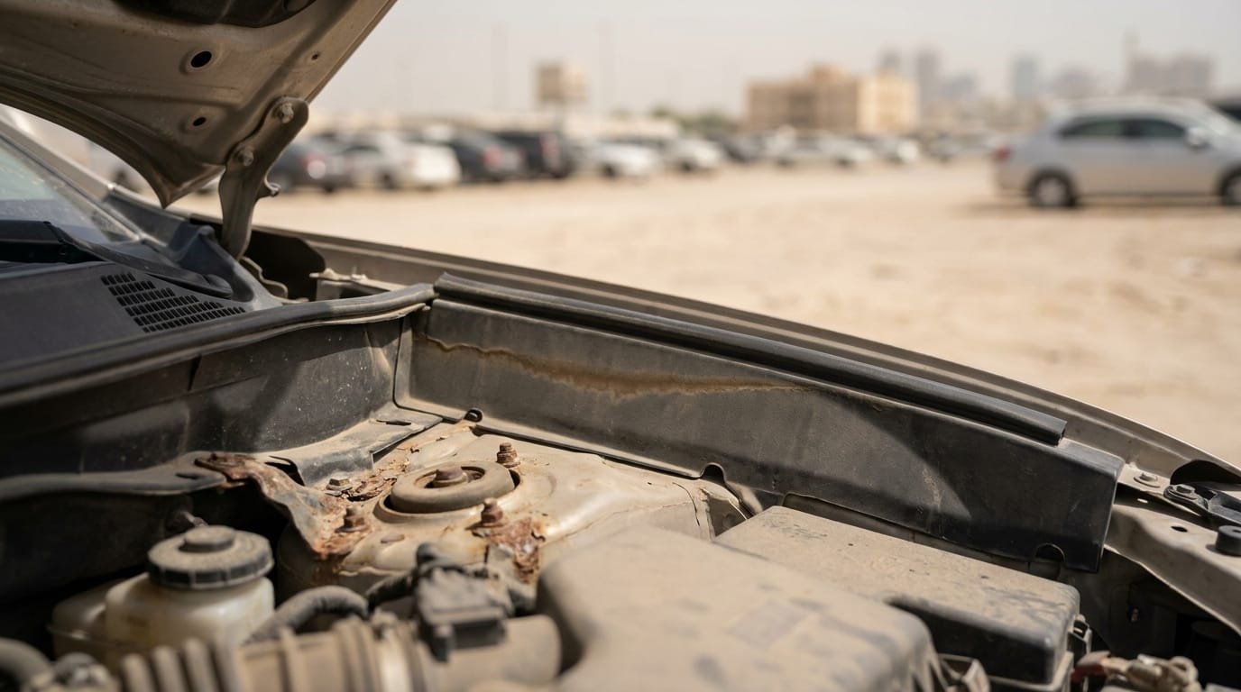 Used car engine bay showing waterline mark on firewall indicating previous flood exposure in UAE