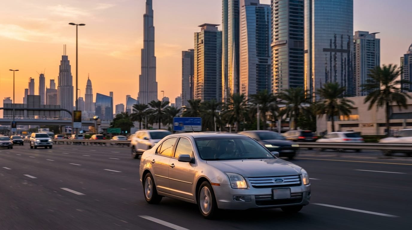 Ford Fusion driving on Sheikh Zayed Road Dubai highway at dusk