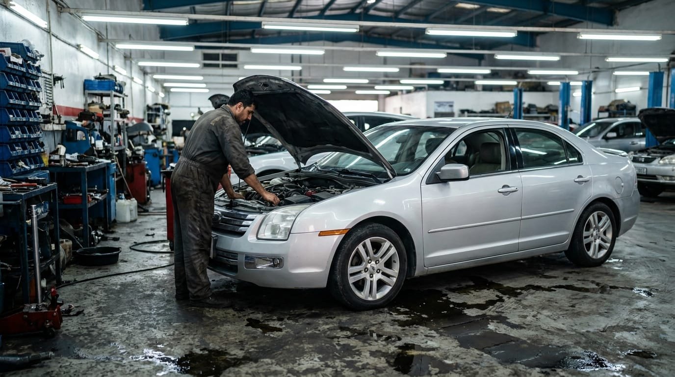 Mechanic inspecting Ford Fusion engine bay at Al Quoz Dubai workshop
