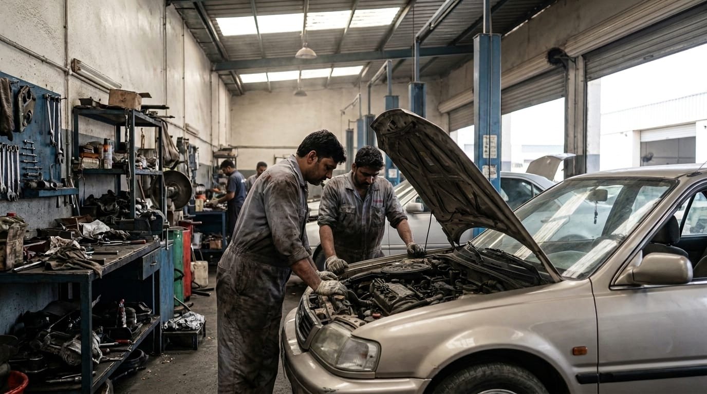 mechanic inspecting Honda City engine bay in an Al Quoz workshop