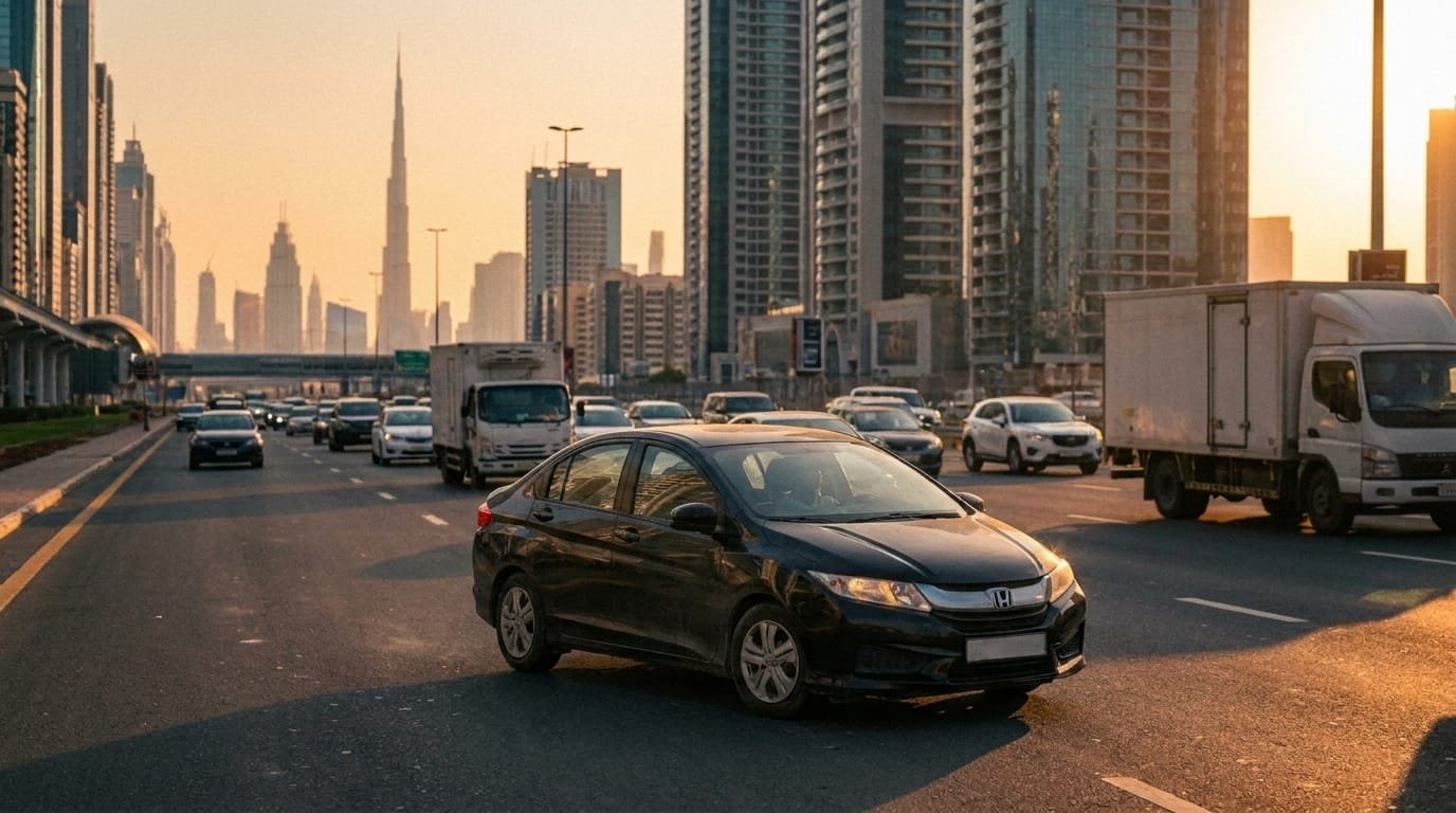 Honda City sedan driving on Sheikh Zayed Road highway in daily commute traffic