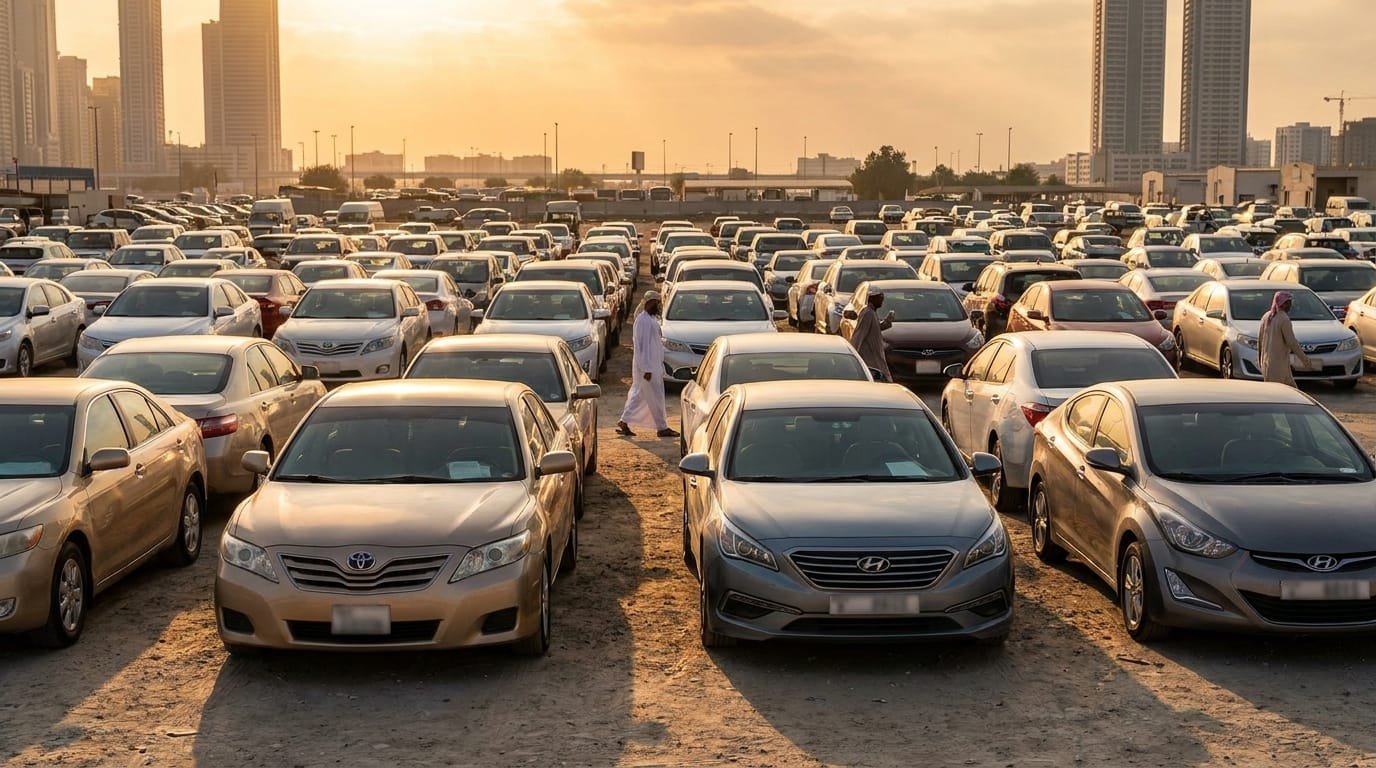 used Japanese and Korean sedans parked at a Dubai used car market