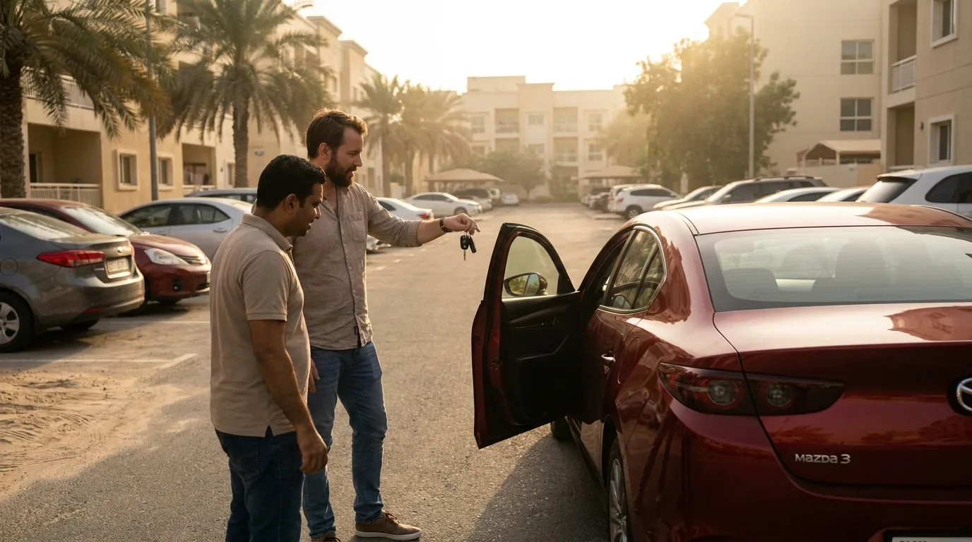 Expat seller showing a used Mazda 3 to a potential buyer in a residential parking area in Dubai, evening light, keys in hand