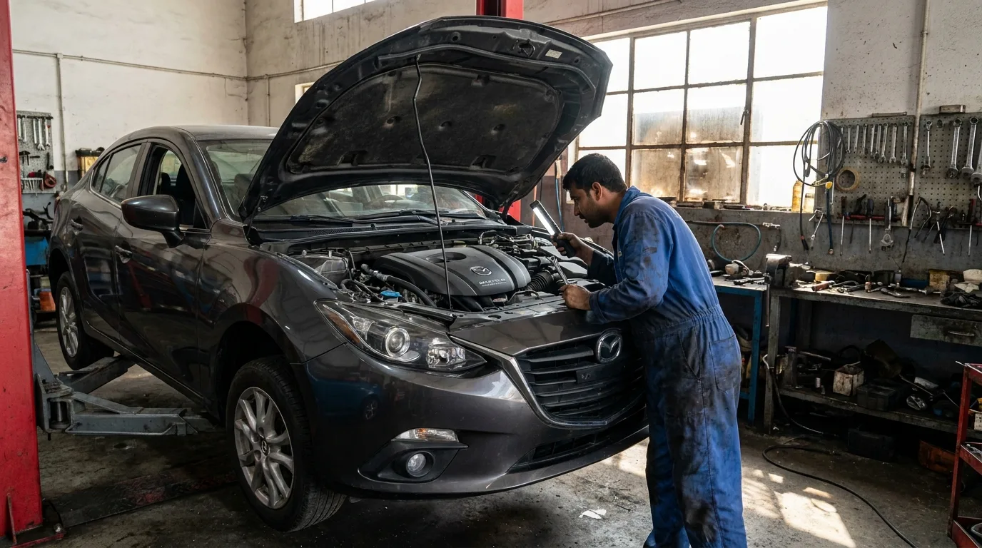 Mazda 3 engine bay open on a lift in an Al Quoz independent automotive workshop, mechanic inspecting SKYACTIV engine, tools visible