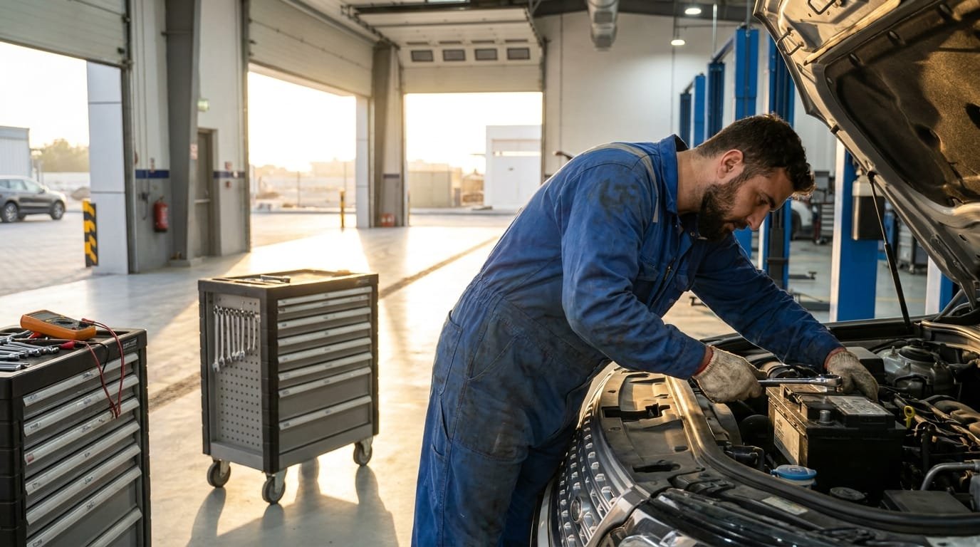 Mechanic installing a replacement car battery inside a professional Dubai automotive workshop