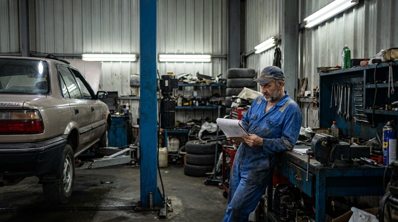 Mechanic reviewing car maintenance invoice at Al Quoz workshop Dubai