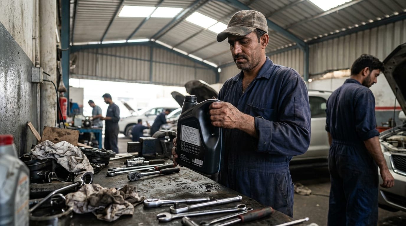 Mechanic opening a sealed Mobil 1 synthetic oil bottle before an oil change service at an Al Quoz workshop in Dubai