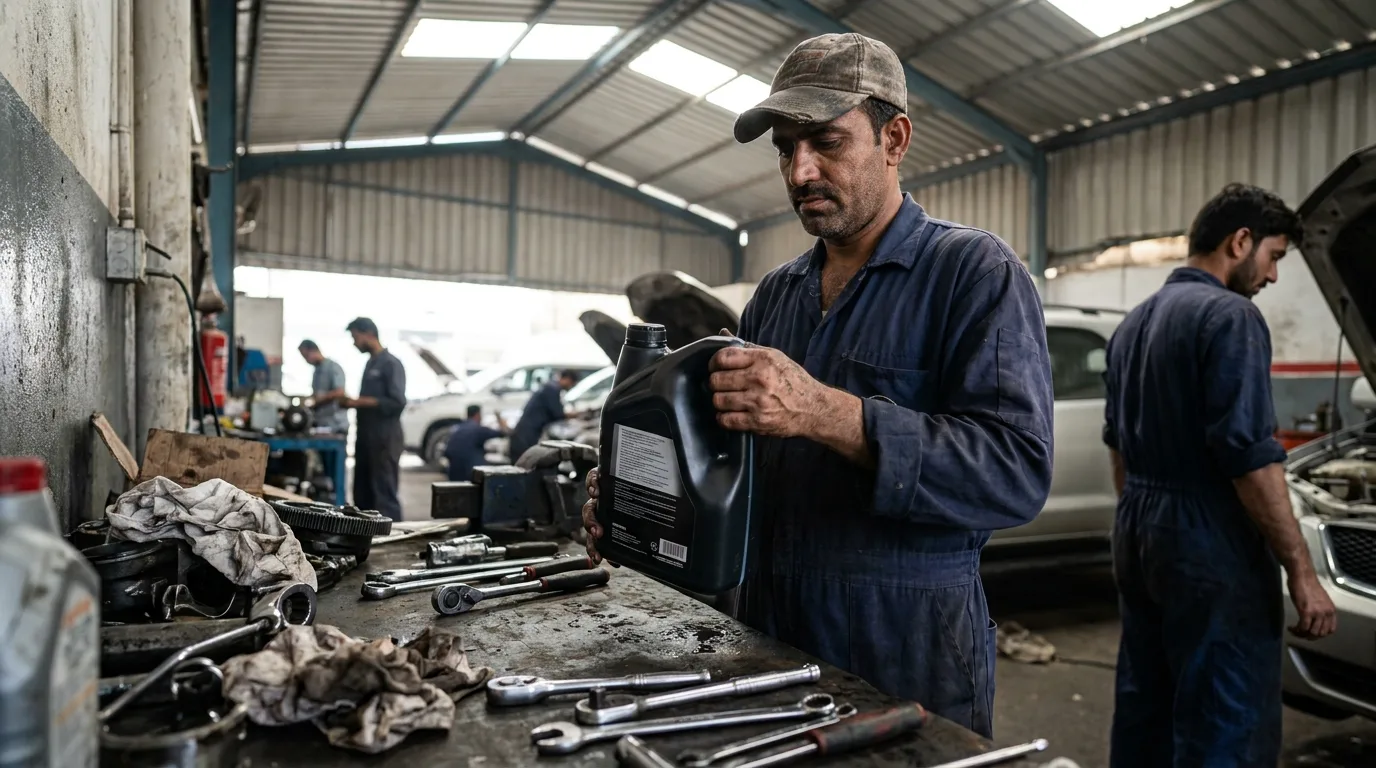 Mechanic opening a sealed Mobil 1 synthetic oil bottle before an oil change service at an Al Quoz workshop in Dubai