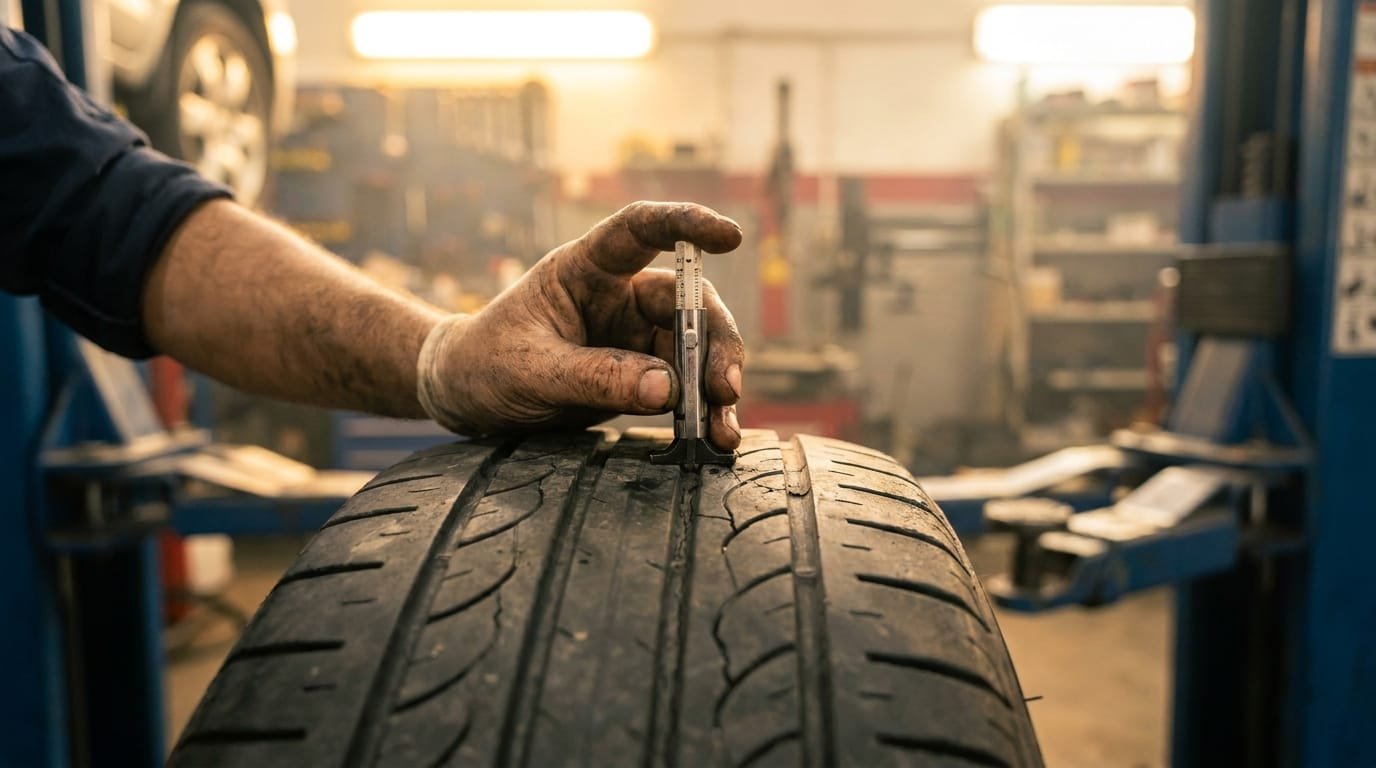 Mechanic inspecting tire tread depth at Al Quoz Dubai workshop