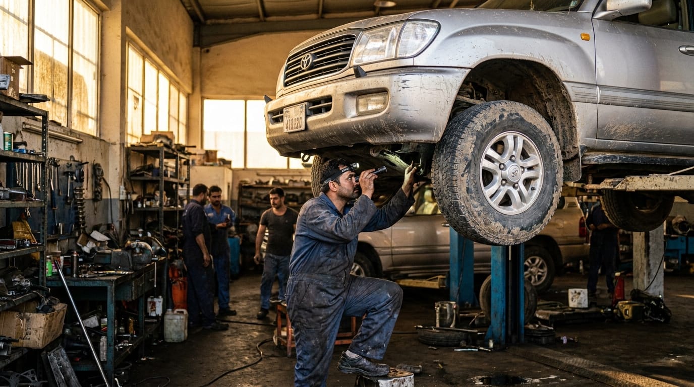 mechanic inspecting vehicle underbody at Al Quoz workshop Dubai