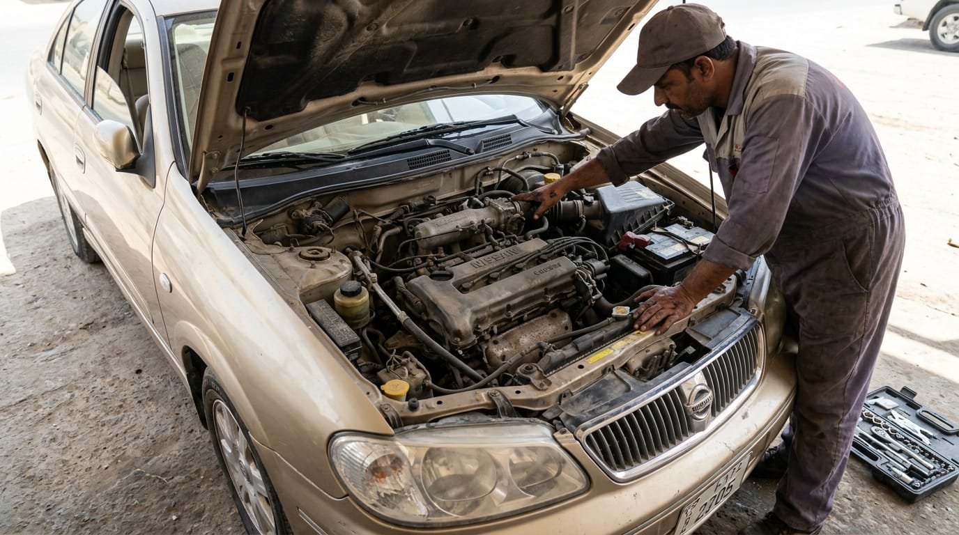 Mechanic inspecting Nissan Sunny engine bay Al Quoz Dubai
