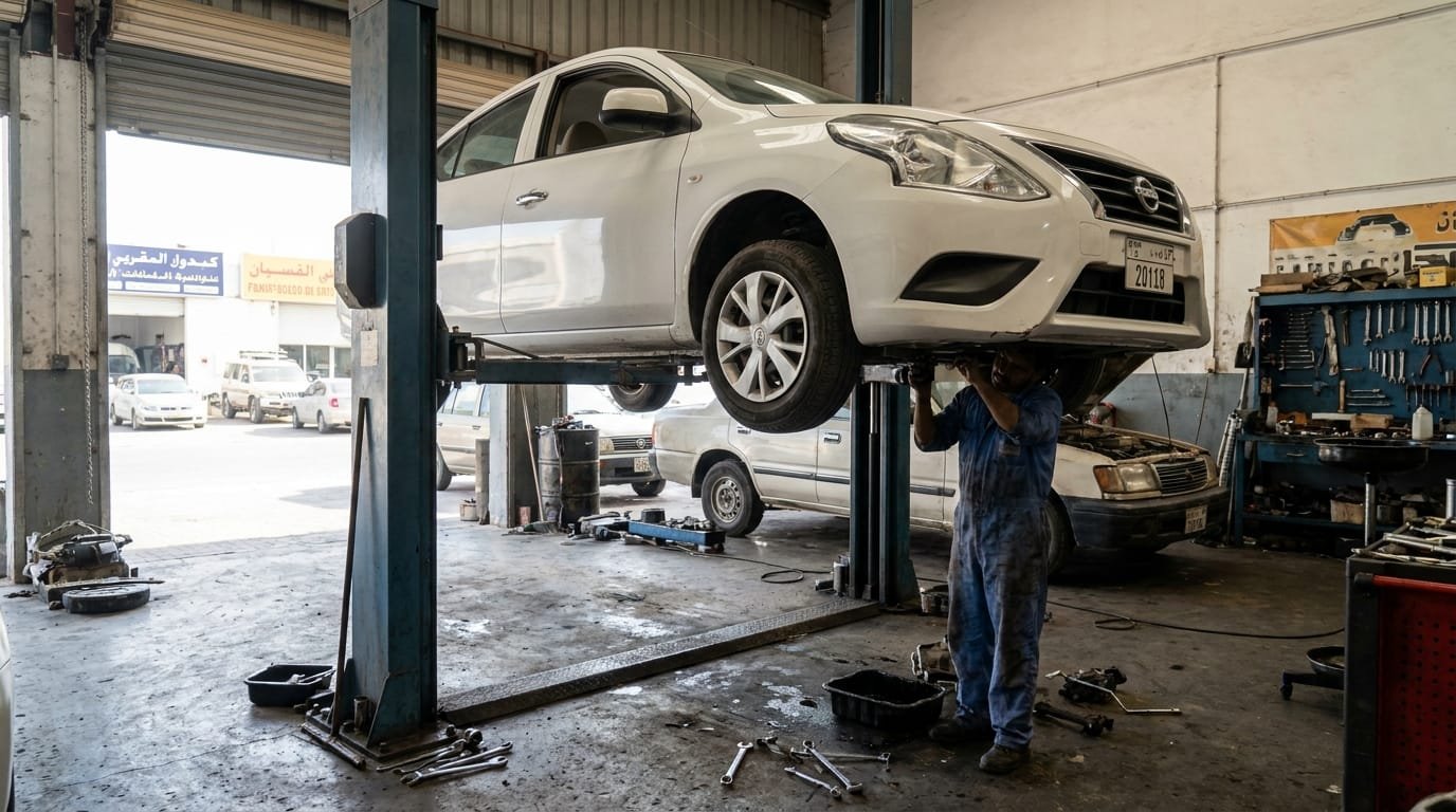 Nissan Sunny CVT inspection at independent workshop Al Quoz Dubai, mechanic checking undercarriage