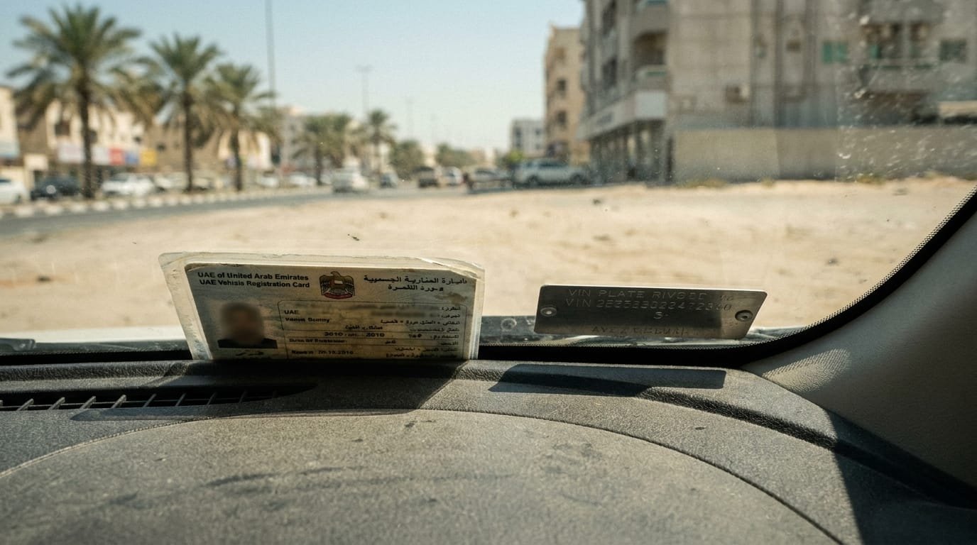 Close-up of a UAE Mulkiya vehicle registration card and chassis number being cross-checked against a 2019 Nissan Sunny dashboard VIN plate
