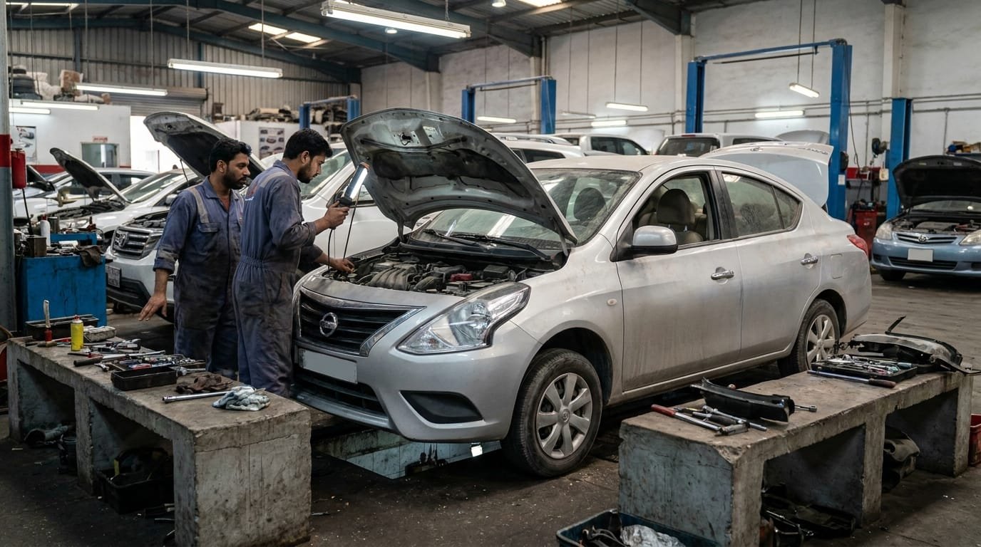 Mechanic performing paint thickness inspection on a used Nissan Sunny door panel inside an Al Quoz garage