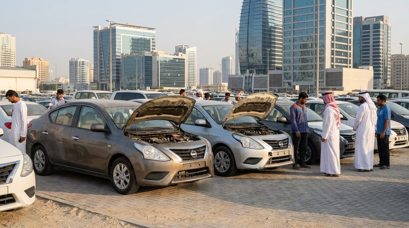 Used Nissan Sunny dealer lot Sharjah industrial area