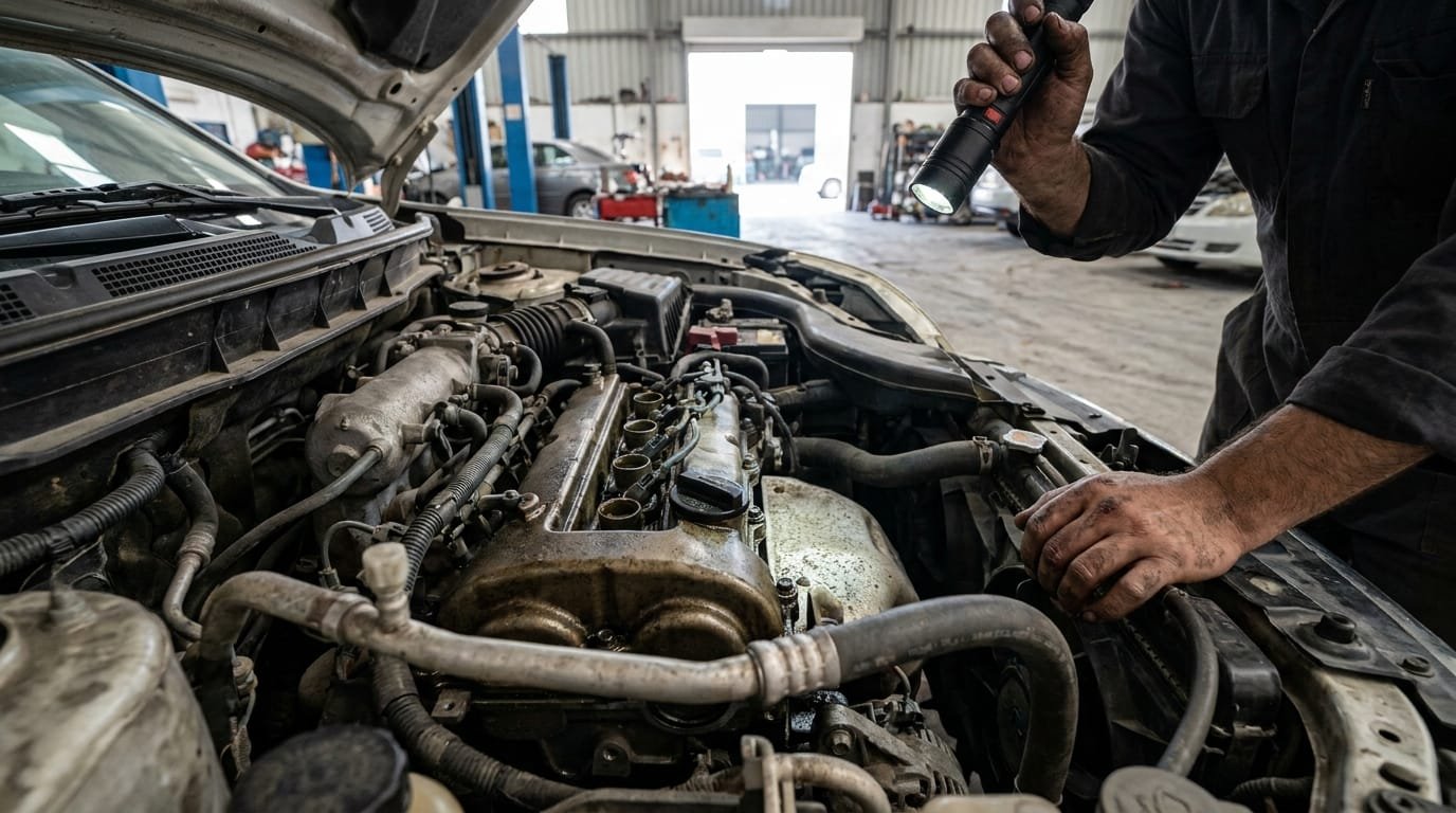 Nissan X-Trail engine bay inspection showing QR25 engine oil residue