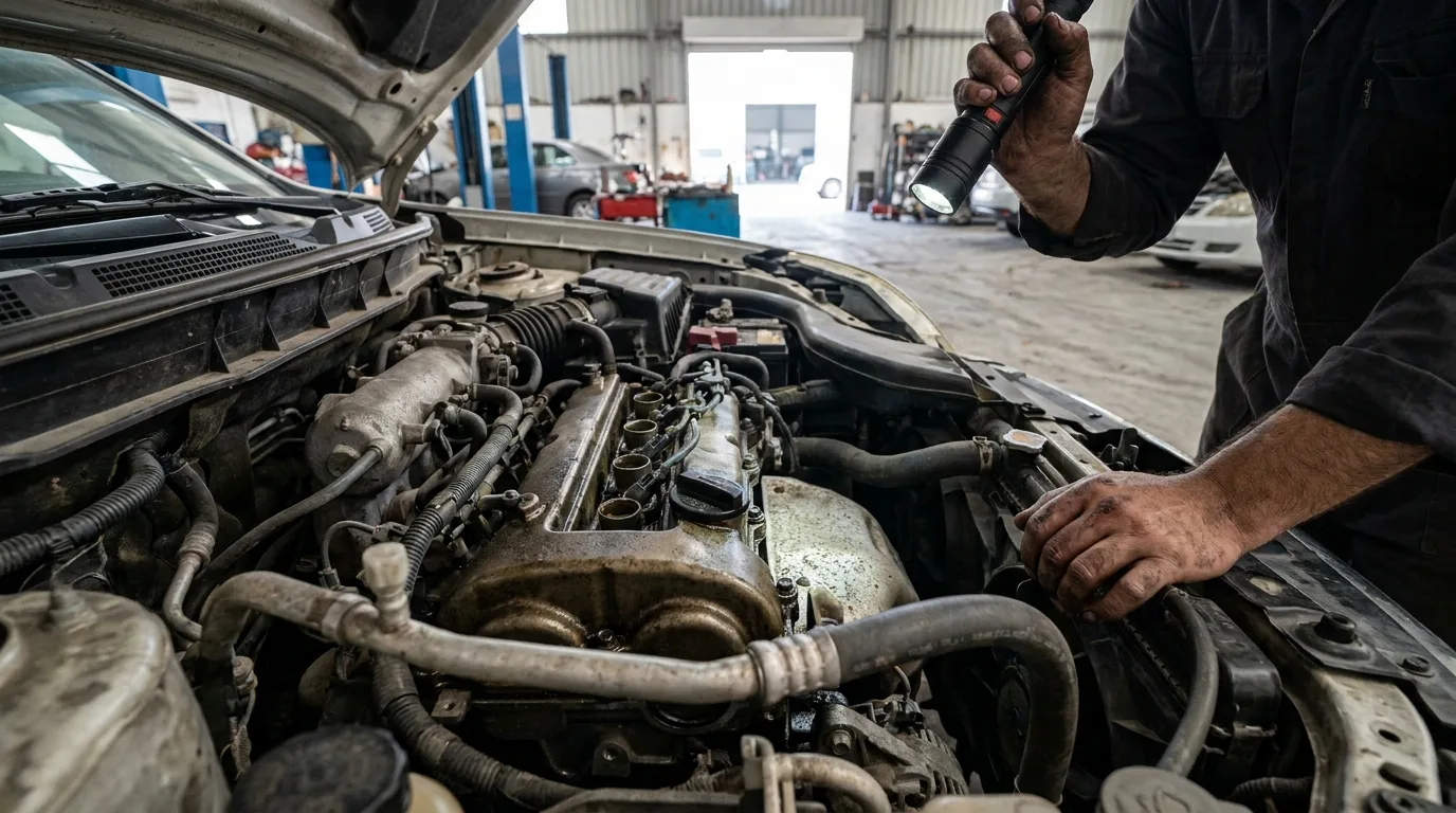 Nissan X-Trail engine bay inspection showing QR25 engine oil residue