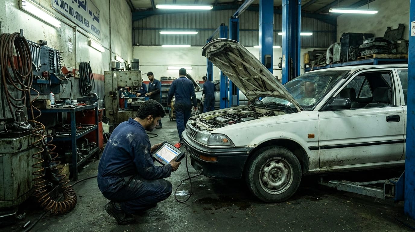 Mechanic in Al Quoz workshop connecting OBD scanner to a used Toyota Corolla engine bay, diagnostic screen visible, industrial workshop environment with fluorescent lighting