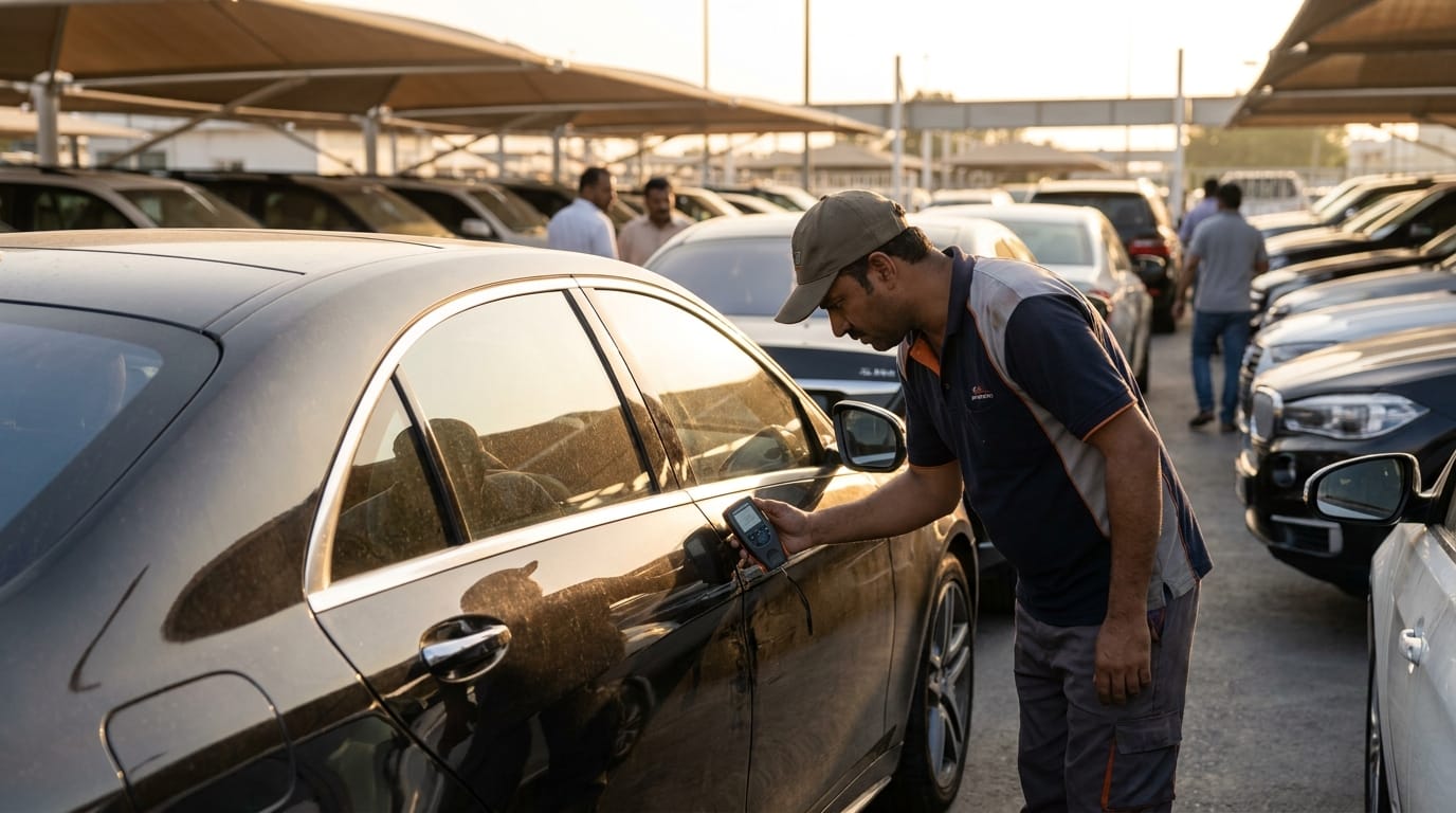 technician using paint thickness gauge on car door panel Dubai