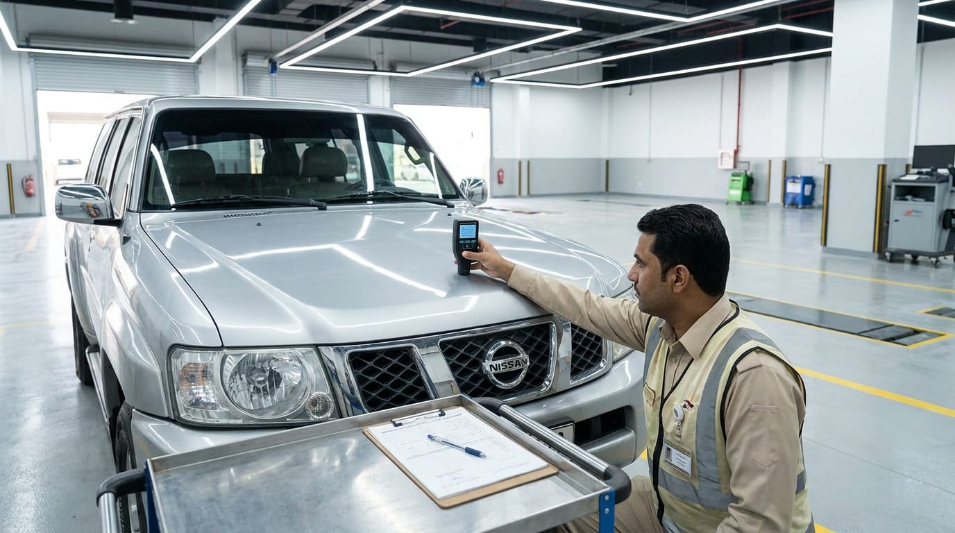 Professional inspector checking paint depth with gauge on a used silver SUV bonnet in a well-lit UAE inspection bay, clipboard and report visible beside the vehicle