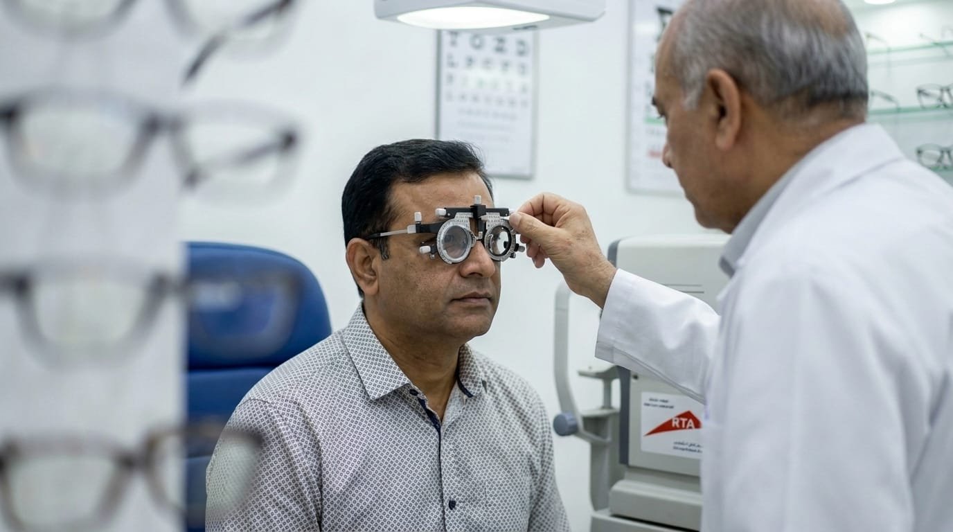 Male expat completing electronic eye test at RTA-approved optician clinic in Dubai before driving licence exchange