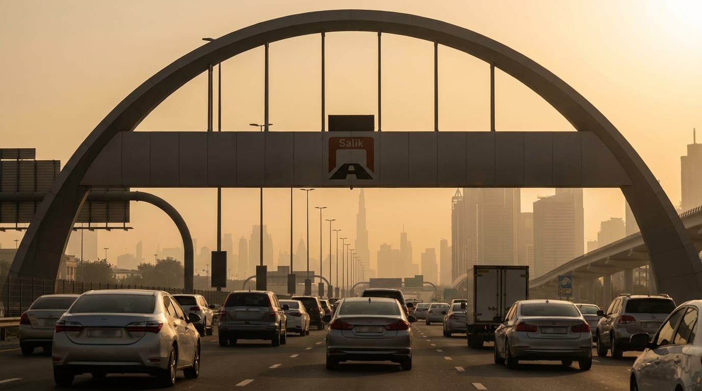 Dubai highway with Salik toll gate during morning rush hour, expat commuter traffic