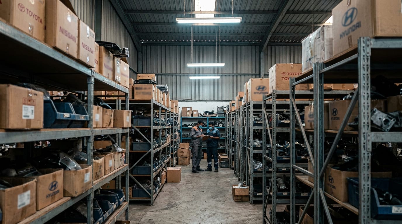 Rows of Toyota Nissan Hyundai spare parts on shelves inside Sharjah Industrial Area auto parts shop