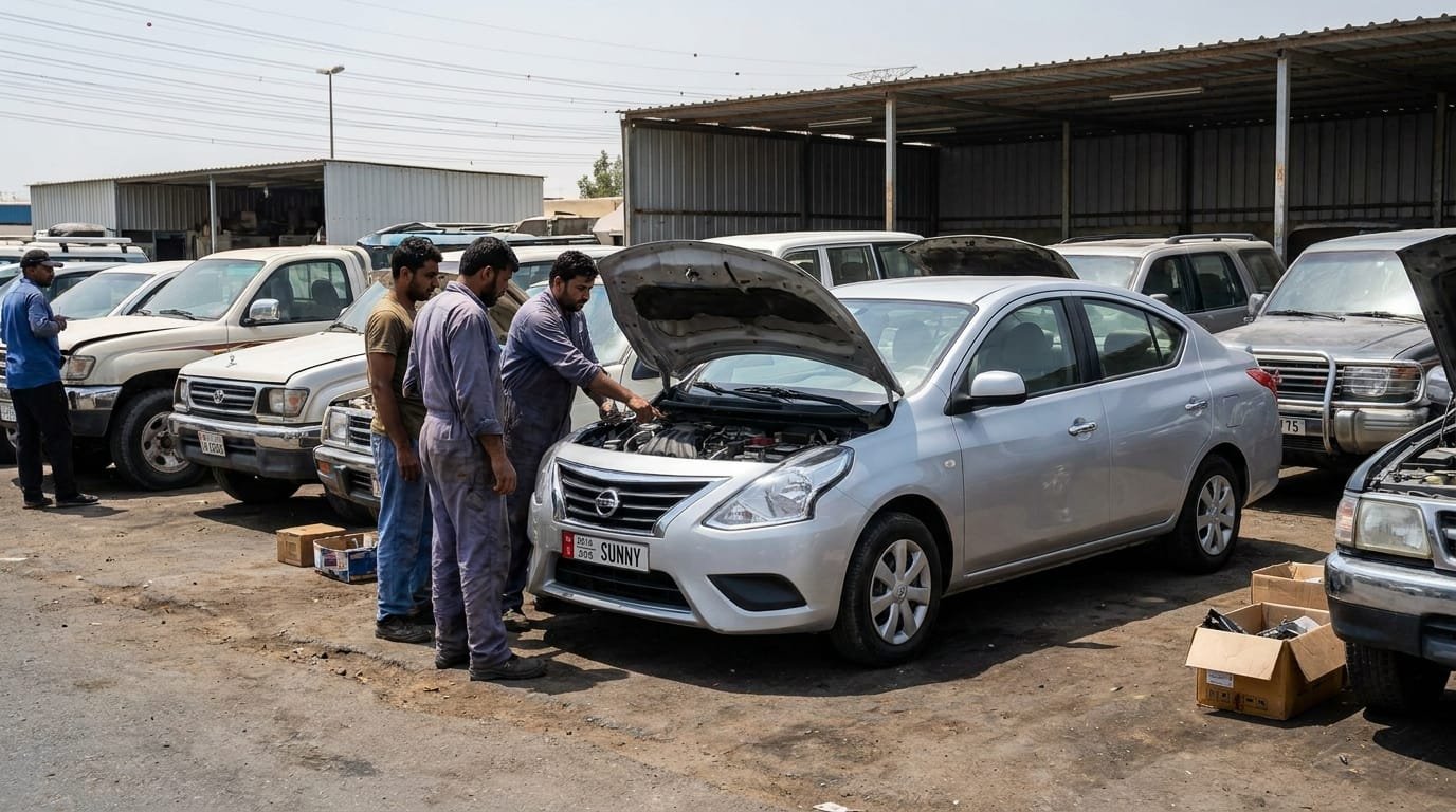 Used car market Sharjah Industrial Area expat buyer inspecting Nissan Sunny
